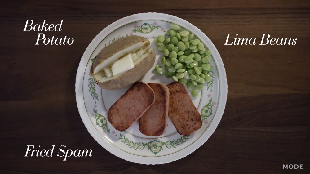 Spam With a Baked Potato & Lima Beans