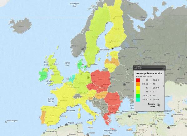 Карта: продолжительность рабочего дня в странах Европы