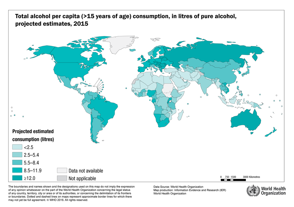 Потребление алкоголя на душу населения по странам 