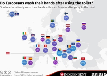 Карта дня: где в Европе чаще всего моют руки, выходя из туалета
