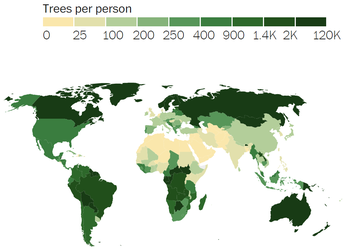 Сколько деревьев приходится на человека в каждой стране мира